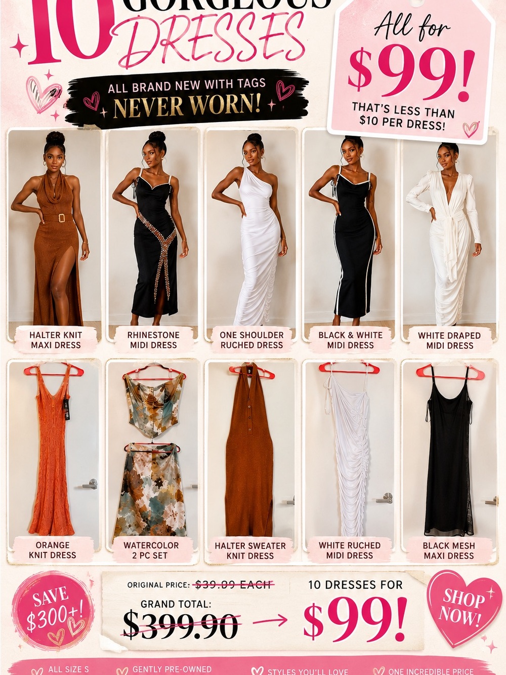 Mixed Styles Women’s Dress Collection - White, Black, Orange, Brown